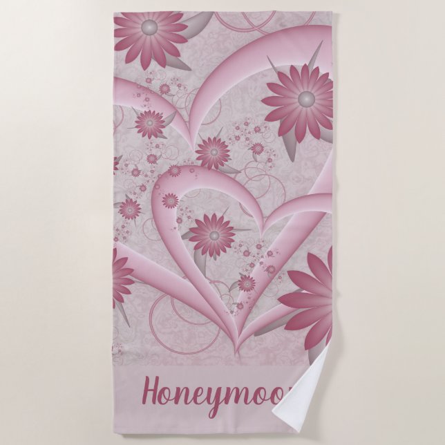 Pink Abstract Hearts & Flowers Love Fractal Custom Beach Towel (Front)