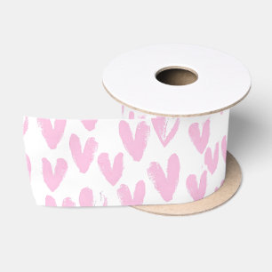 Pink Abstract Hearts On White Satin Ribbon