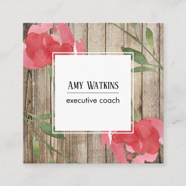 Pink Abstract Rose Buds, Rustic Wood, Social Icons Square Business Card (Front)