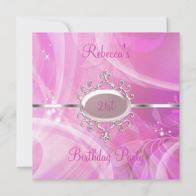 Pink Abstract Silver Jewel 21st Elegant Birthday Invitation (Front)