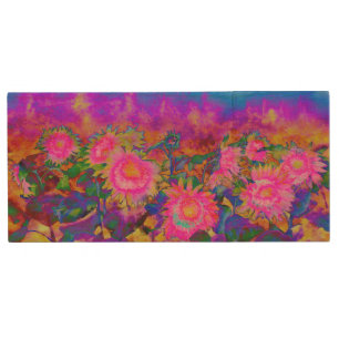 Pink abstract sunflower floral watercolor painting wood USB flash drive