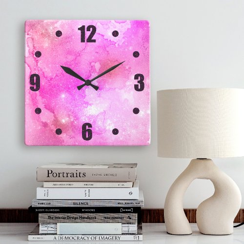 Pink Abstract Watercolor Galaxy Bold Typography Square Wall Clock