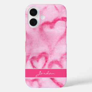 Pink Abstract Watercolor Hearts w/ Name Girly iPhone 16 Case
