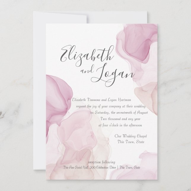 Pink Abstract Watercolor Motion Berry Wedding Invitation (Front)