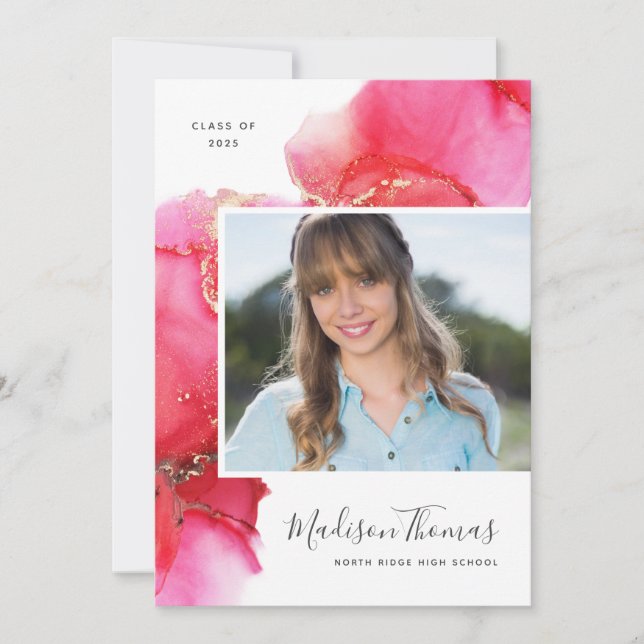 Pink Abstract Watercolor Photo Graduation Party Invitation (Front)