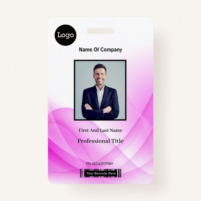 Pink Abstract Wave Business Photo ID Badge (Front)