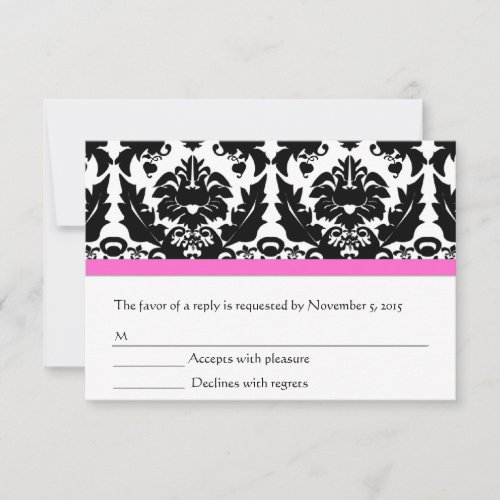 Pink Accent Black and White Damask RSVP