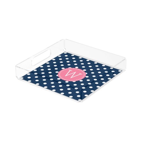 Pink Accents Blue  White Polka Dots Pattern Acrylic Tray