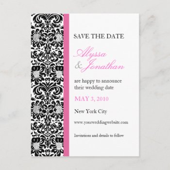 Pink Accents Damask Save The Date Card by starstreamdesign at Zazzle