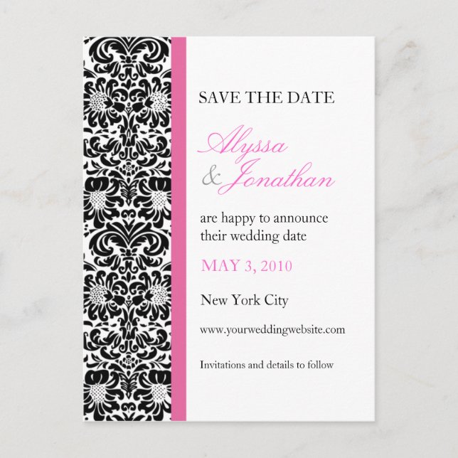Pink Accents Damask Save the Date Card (Front)