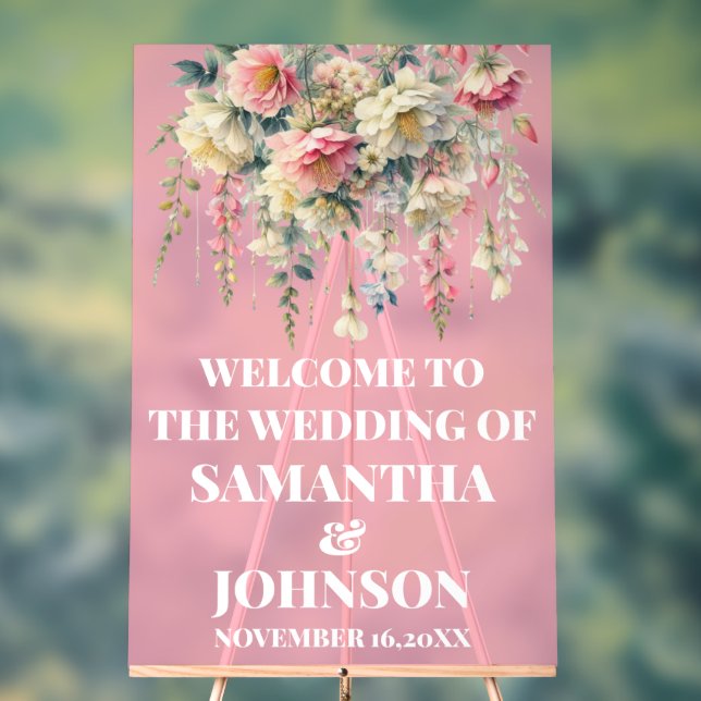 Pink Acrylic Floral Wedding Welcome Sign (Neutral)