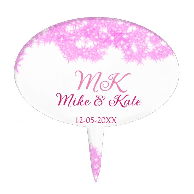 Pink add couple name date monogram glitter sparkle cake topper (Front)
