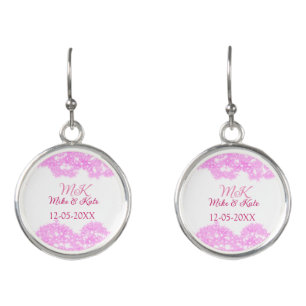 Pink add couple name date monogram glitter sparkle earrings
