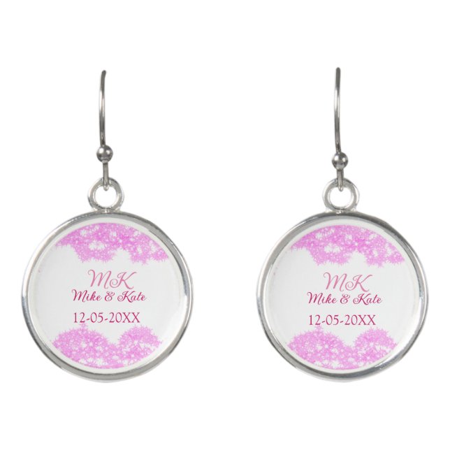 Pink add couple name date monogram glitter sparkle earrings (Front)