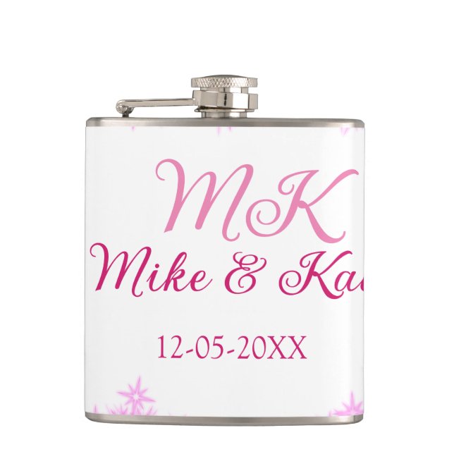 Pink add couple name date monogram glitter sparkle flask (Front)