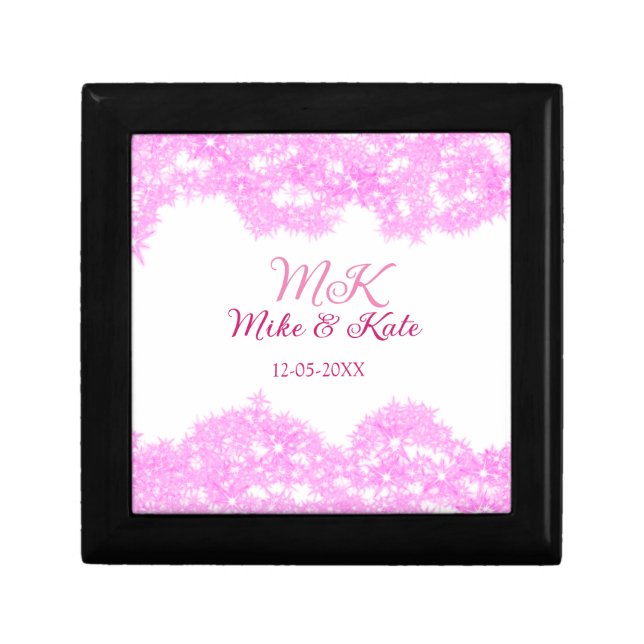 Pink add couple name date monogram glitter sparkle gift box (Front)