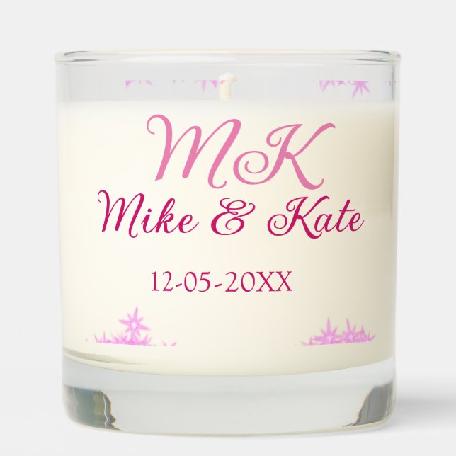 Pink add couple name date monogram glitter sparkle scented candle (Front)