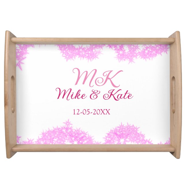 Pink add couple name date monogram glitter sparkle serving tray (Front)