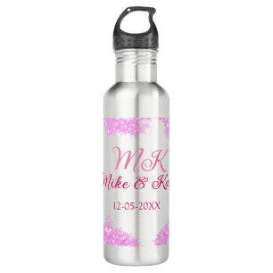 Pink add couple name date monogram glitter sparkle stainless steel water bottle