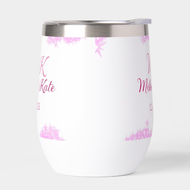 Pink add couple name date monogram glitter sparkle thermal wine tumbler (Left)
