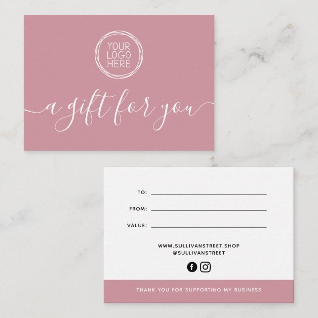Pink Add Your Logo Minimalist Gift Certificate Note Card (Front/Back)
