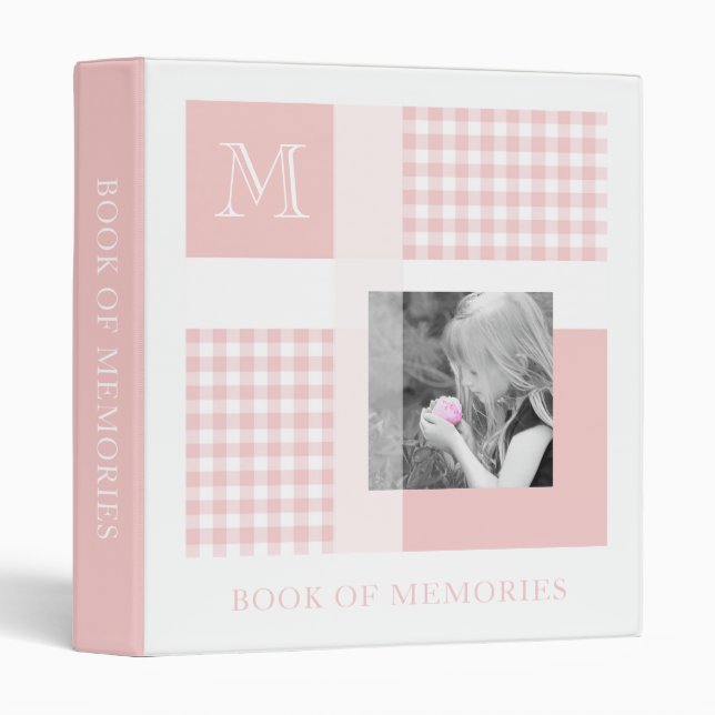 Pink Add Your Photo Gingham Modern Monogram 3 Ring Binder (Front/Spine)