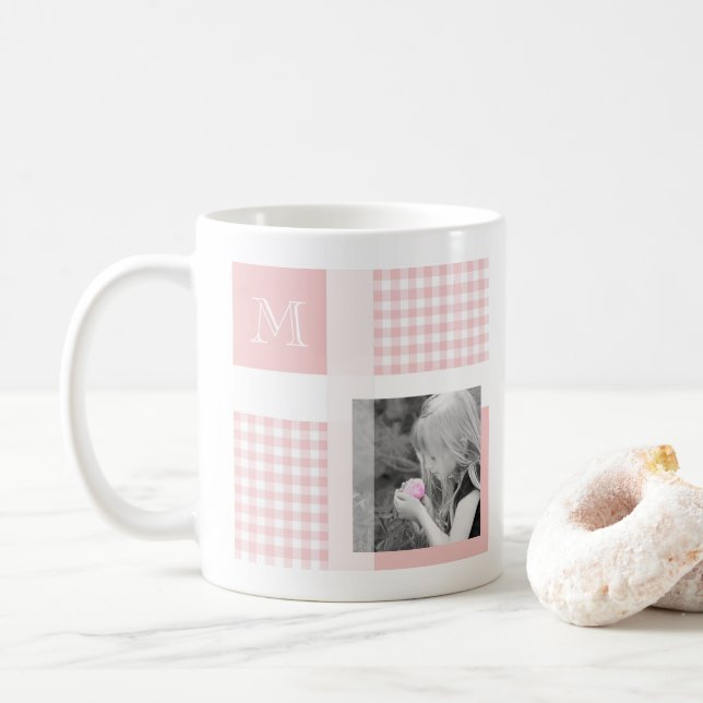 Pink Add Your Photo Gingham Modern Monogram Coffee Mug (With Donut)