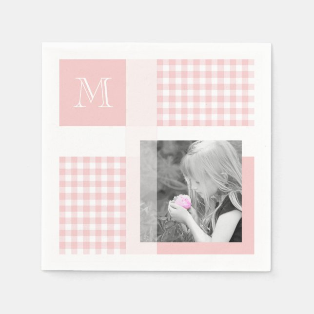 Pink Add Your Photo Gingham Modern Monogram Napkins (Front)