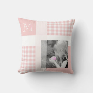 Pink Add Your Photo Gingham Modern Monogram Throw Pillow