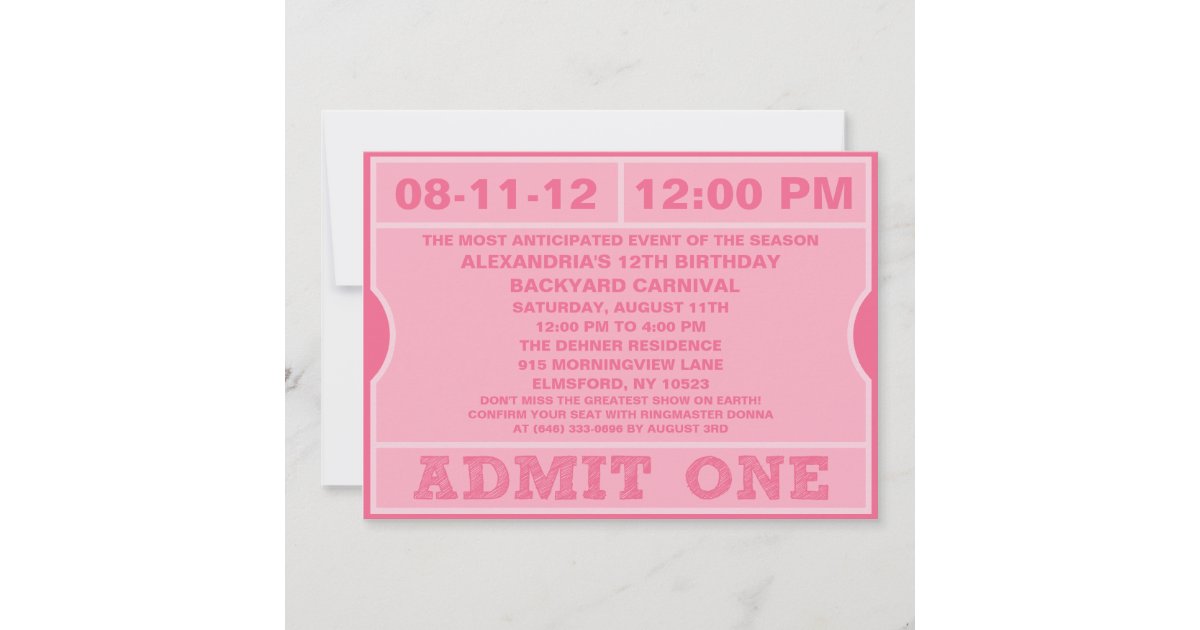 Pink Admit One Ticket Invitation Birthday Party | Zazzle