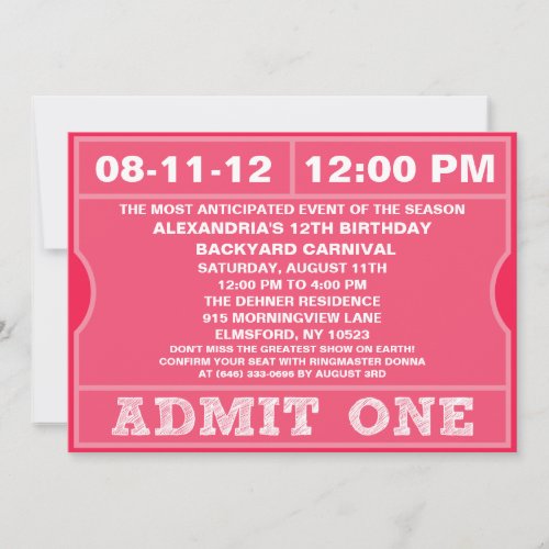 Pink Admit One Ticket Invitation Birthday Party