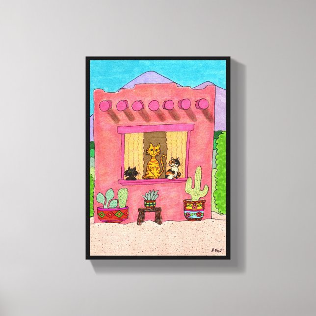 Pink Adobe House Cute Cats Taos Desert Southwest Canvas Print (Front)