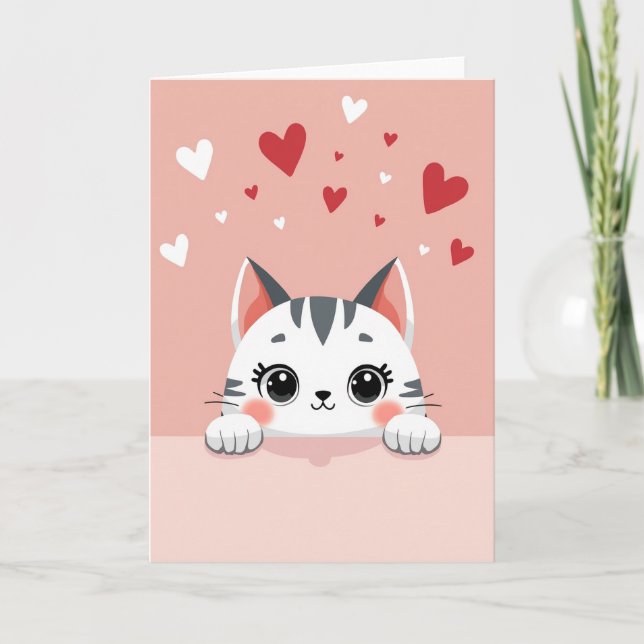 Pink Adorable Cat Valentines Card (Front)