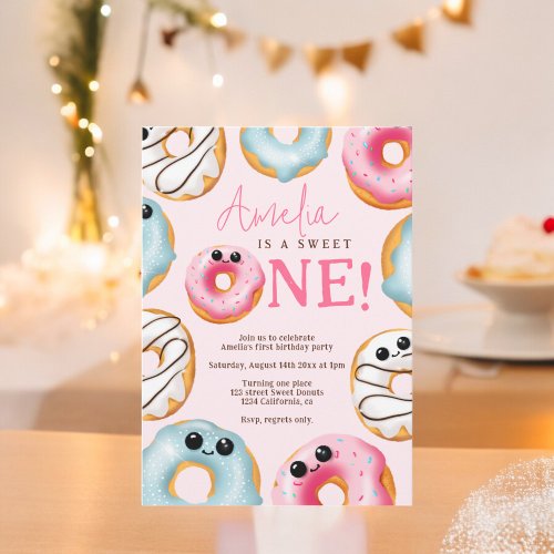 Pink Adorable Sweet One cute donuts 1st birthday  Invitation