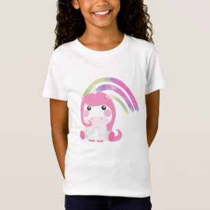 Pink Adorable Unicorn with Watercolor Rainbow T-Shirt