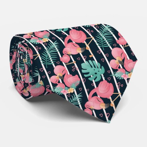 Pink Adult and Baby Flamingos Green Leaves Neck Tie