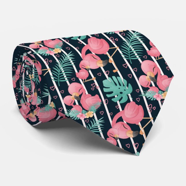 Pink Adult and Baby Flamingos Green Leaves Neck Tie (Rolled)