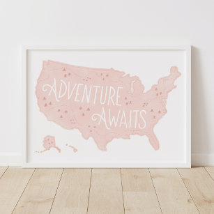 Pink Adventure Awaits US Map Kids Room Decor