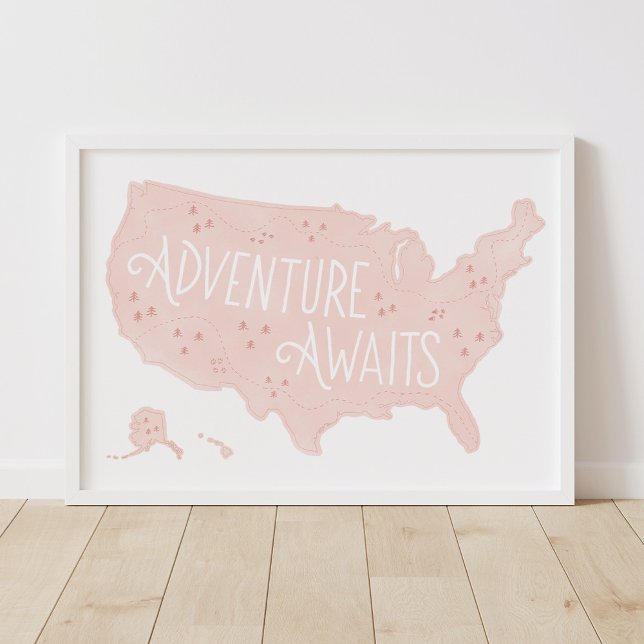 Pink Adventure Awaits US Map Kids Room Decor (Creator Uploaded)