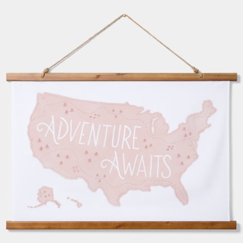 Pink Adventure Awaits US Map Kids Room Decor Hanging Tapestry