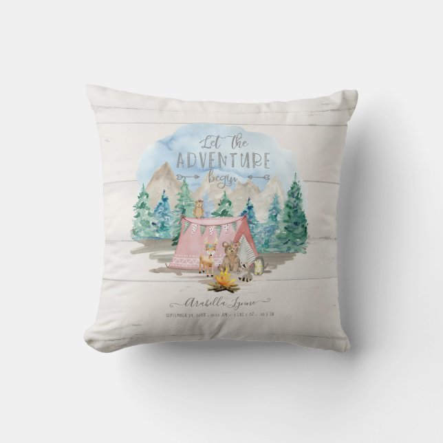 Pink Adventure Begin Rustic Birth Stats Baby Girl Throw Pillow (Front)