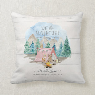 Pink Adventure Begin Rustic Birth Stats Baby Girl Throw Pillow