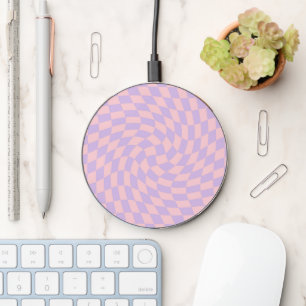 Pink Aesthetic Chic Retro Warped Checks Checkered  Wireless Charger