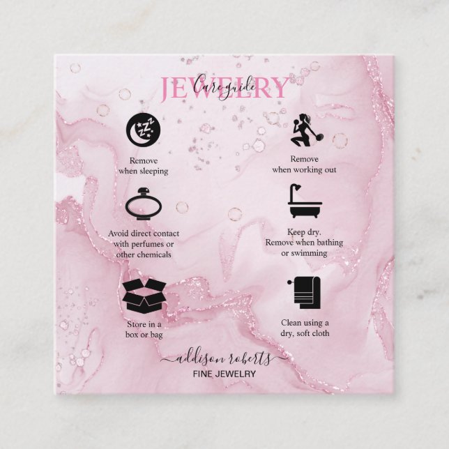 Pink Aesthetic Jewelry Care Square Business Card (Front)