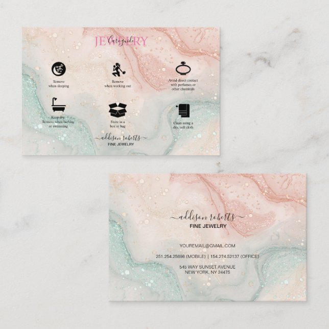 Pink Aesthetic Jewelry Care Square Business Card (Front/Back)