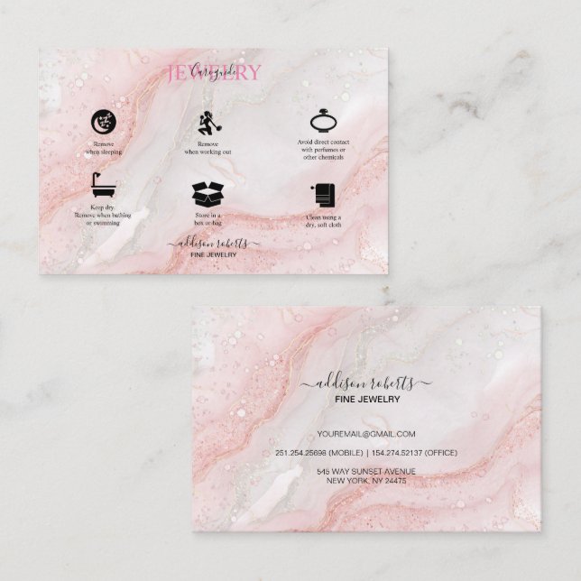 Pink Aesthetic Jewelry Care Square Business Card (Front/Back)