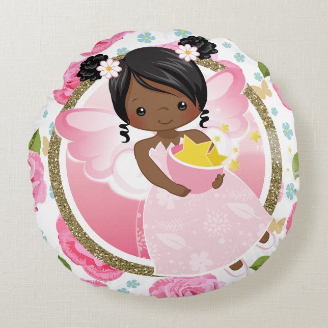 Pink African American Fairy with Roses Pillow (Front)