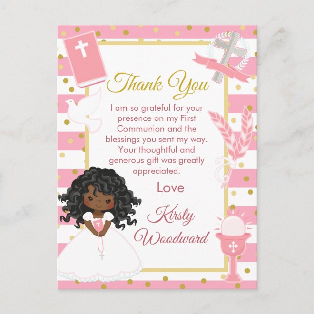 Pink African American Girl First Communion Postcard (Front)