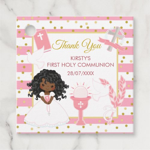 Pink African American Girl First Holy Communion Favor Tags