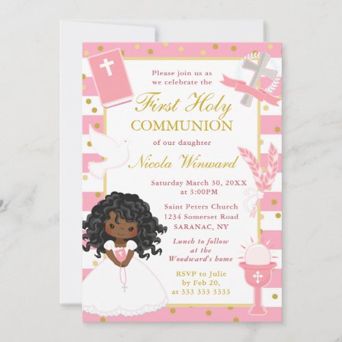 Pink African American Girl First Holy Communion Invitation